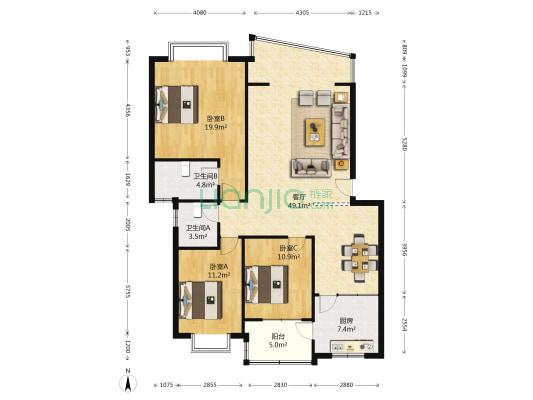 恬园 3室1厅2卫 123平方