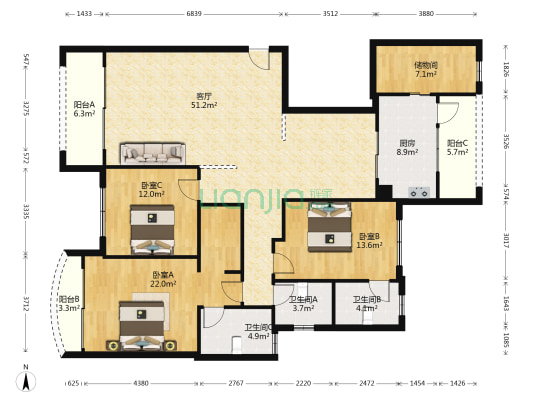 金凯水都 3室1厅3卫 180平方