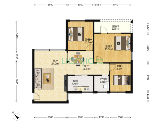 玉龙花园 3室2厅1卫 98平方