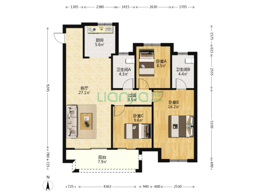世茂云图花园 3室1厅2卫 106平方