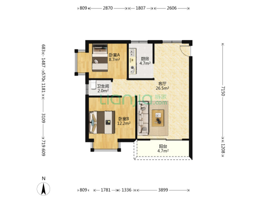 时尚都市 2室1厅1卫 74平方