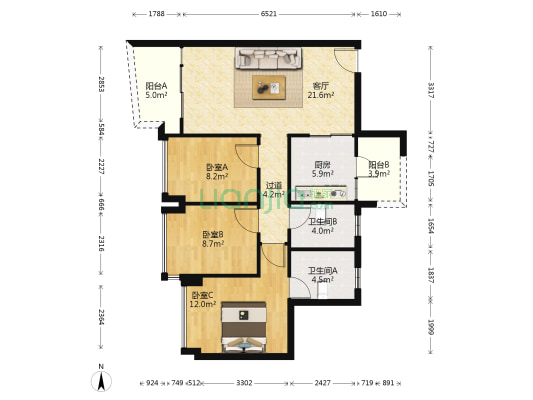 广佛新世界庄园上城 3室1厅2卫 90平方