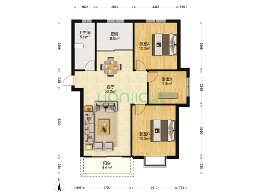 待驾桥小区 3室1厅1卫 116平方