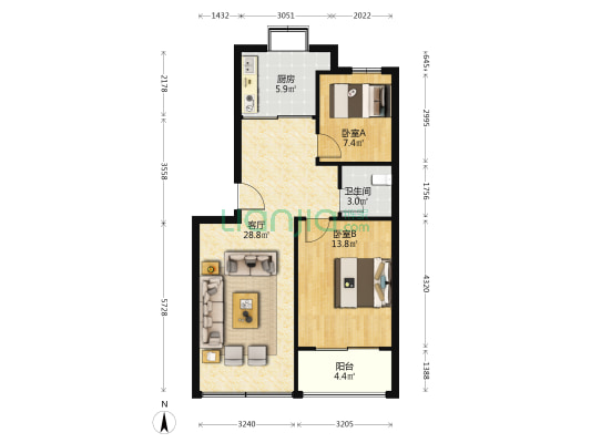 新怡花园 2室1厅1卫 77平方