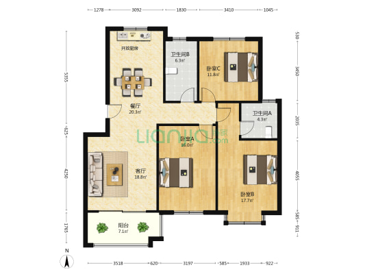 中和苑 3室2厅2卫 117平方