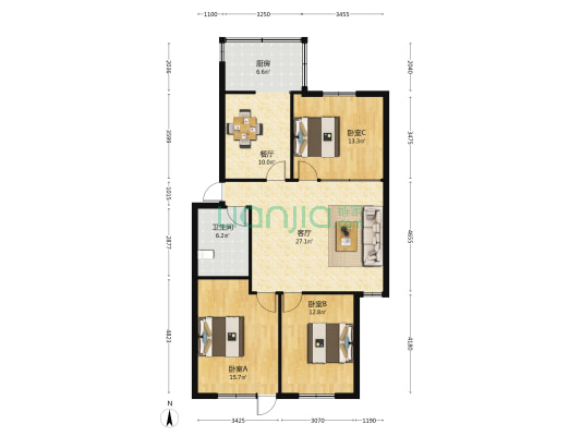 广电小区 3室2厅1卫 106平方