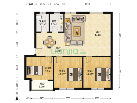 桂苑 3室2厅1卫 109平方