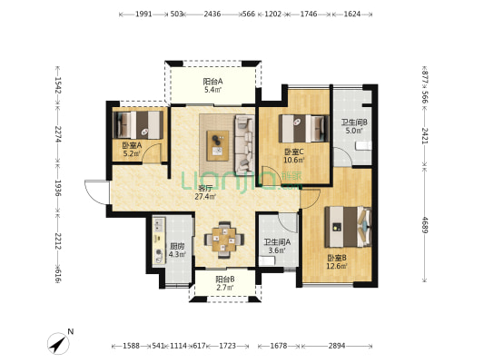 世茂福晟钱隆华府 3室1厅2卫 90平方