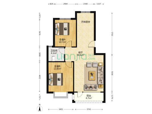 少海馨德苑 2室1厅1卫 87平方