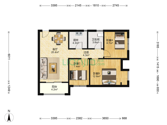 绿都紫荆华庭润园 3室1厅1卫 89平方