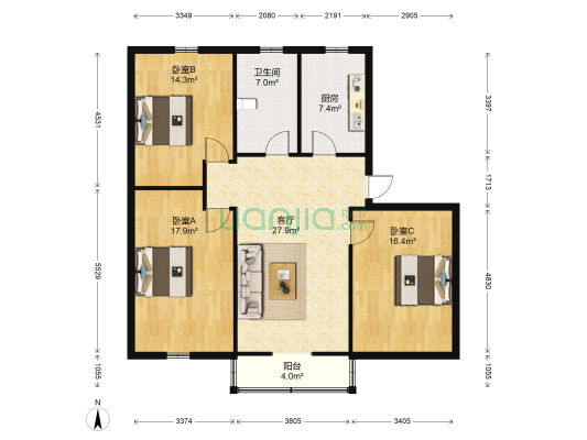 独秀公园 3室1厅1卫 122平方