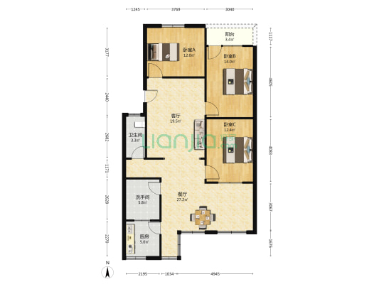 工商住宅 3室2厅2卫 85平方