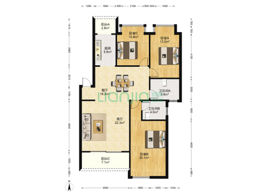 东华家园北区 3室2厅2卫 130平方