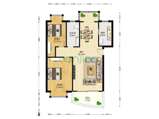时代名居 2室1厅1卫 105平方