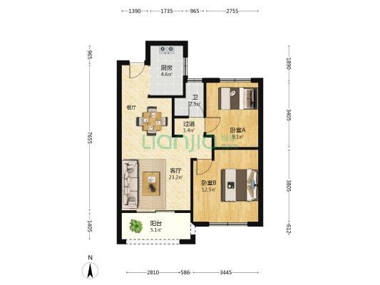 复兴苑 2室1厅1卫 76平方