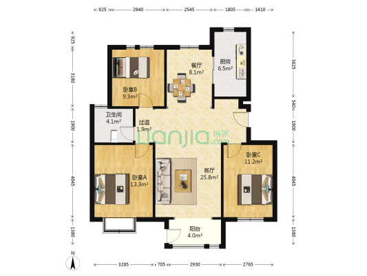天一绿海揽翠园 3室2厅1卫 120平方