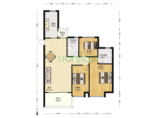 恒大未来城 3室1厅2卫 120平方