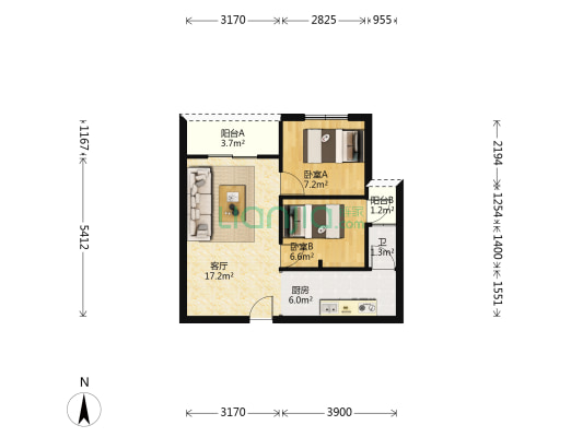 轻轨岔路口+半山壹号+55平精装两室+户型方正+住家舒适-户型图