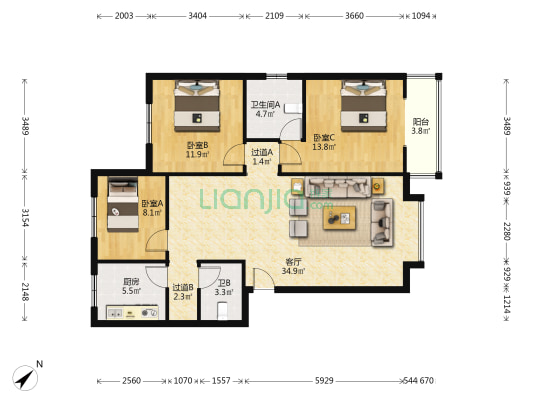 福博苑 3室1厅2卫 107平方