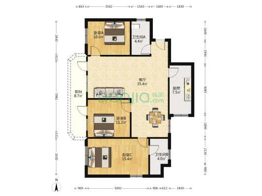 展麟大厦 3室1厅2卫 131平方