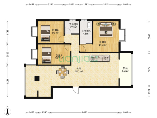 德诚公寓 3室1厅2卫 117平方