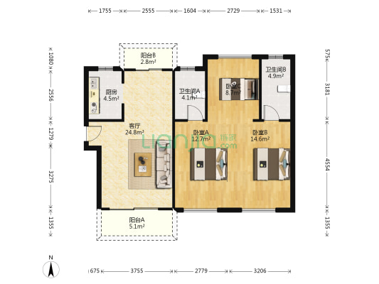 北大资源莲湖锦城 3室1厅2卫 108平方