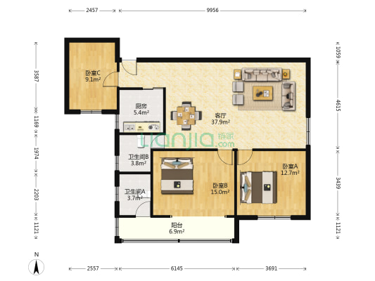 湖光西街2号 3室1厅2卫 128平方