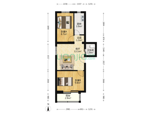 幸福南里 2室1厅1卫 54平方