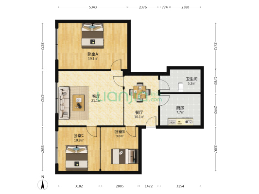 虹口大厦 3室2厅1卫 125平方