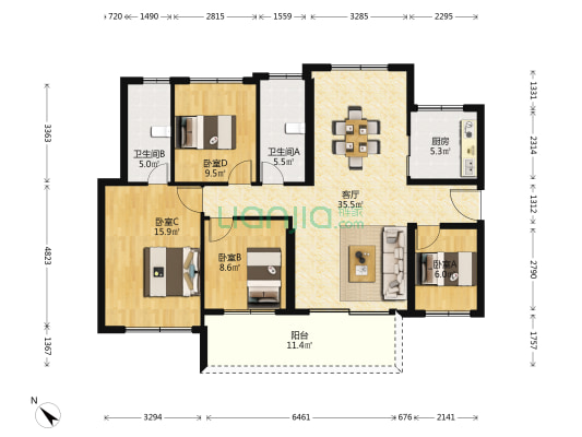 东江名郡 4室1厅2卫 115平方