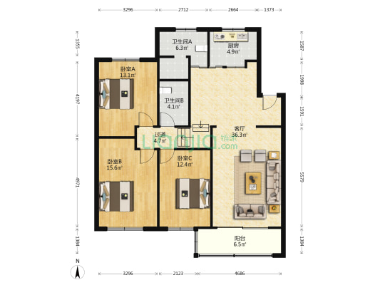天目苑 3室1厅2卫 119平方