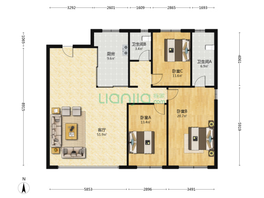 万科紫郡 3室1厅2卫 149平方