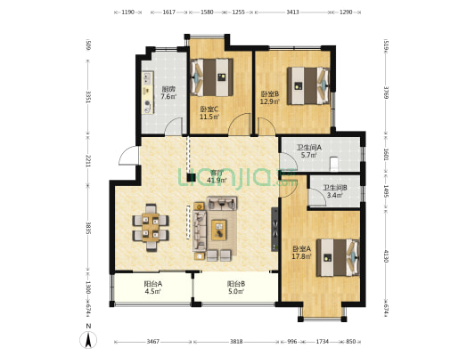 华夏泉绅永利花苑 3室1厅2卫 130平方