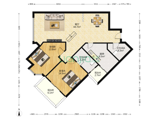 绿杨新邨 2室1厅2卫 121平方