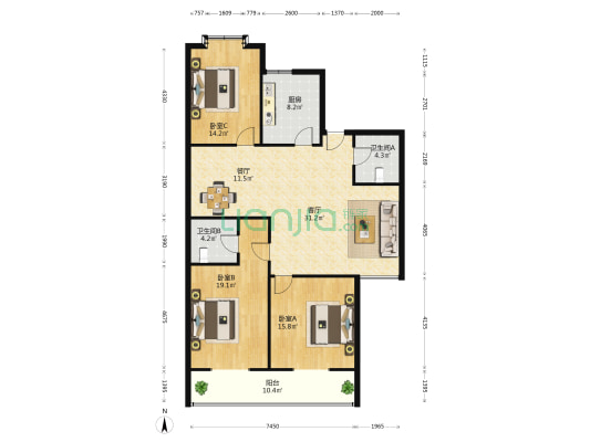 枣园公寓 3室2厅2卫 154平方