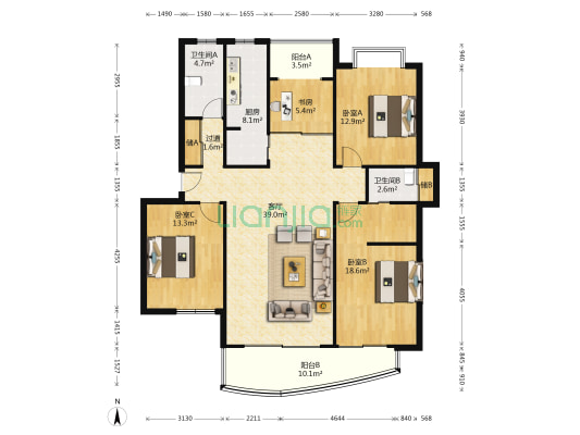 同济国康公寓 4室1厅2卫 151平方