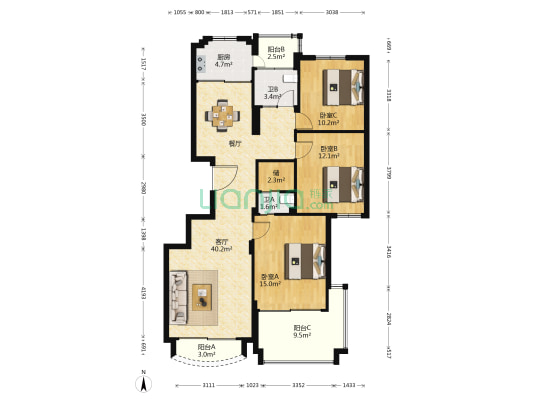 东湖花园 3室1厅2卫 127平方