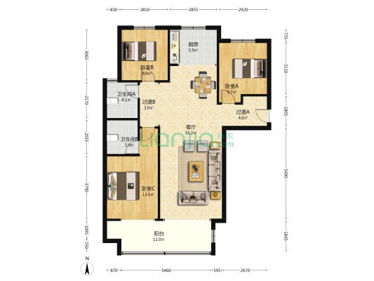 幸福城C区 3室1厅2卫 128平方