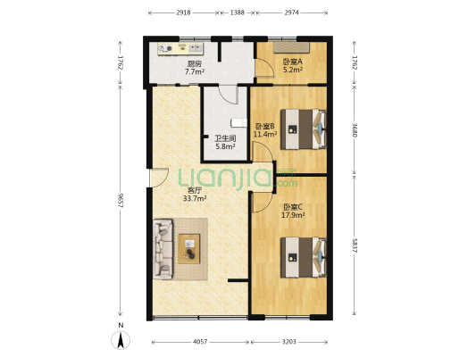 南华大厦南华楼 3室1厅1卫 82平方