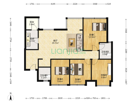 燕楠国际云锦 3室1厅2卫 107平方
