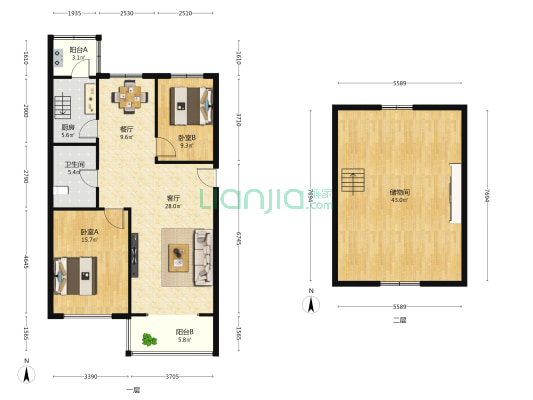 光明小区 2室2厅1卫 98平方