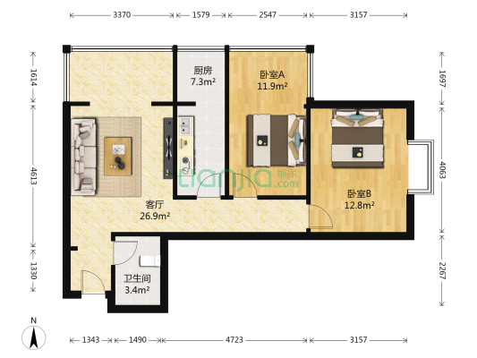 凯地·华丽家族 2室1厅1卫 90平方