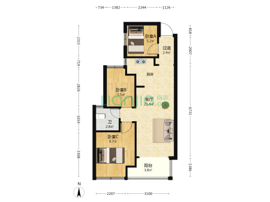 昆明天誉城 3室1厅1卫 69平方