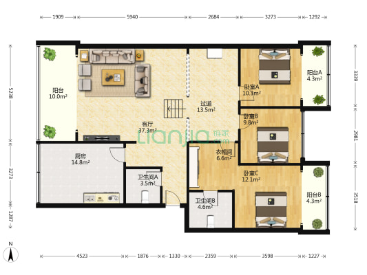东顺城南街55号 3室1厅2卫 130平方