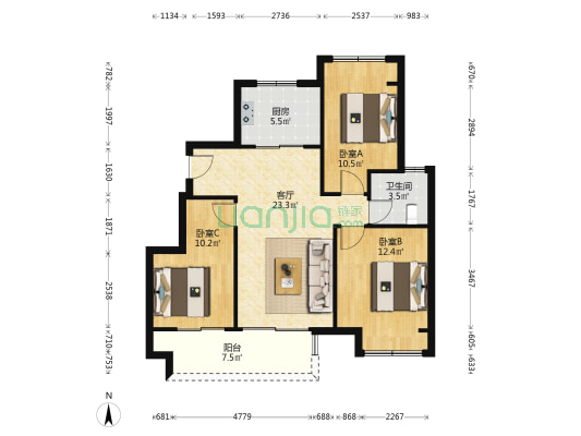 和岸花园 3室1厅1卫 89平方