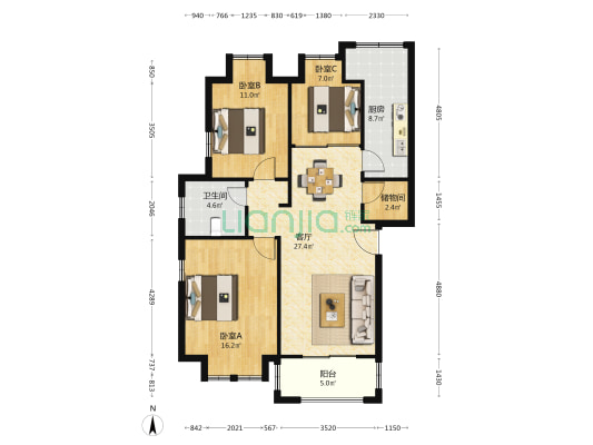 同润玫瑰芳苑 3室1厅1卫 89平方