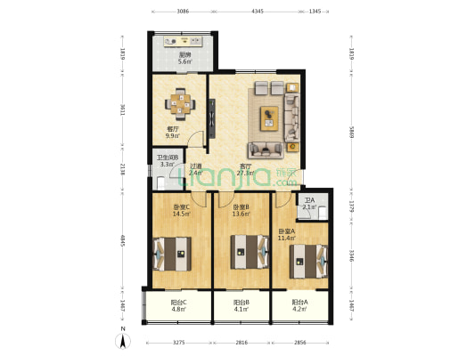怡园公寓 3室2厅2卫 129平方
