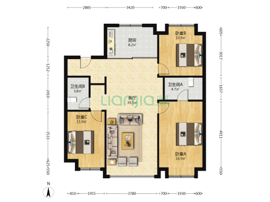 万科紫台 3室1厅2卫 125平方