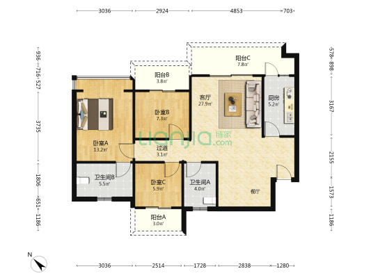 蓝湾公馆 3室1厅2卫 102平方
