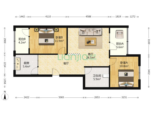 长盛小区 2室1厅1卫 87平方